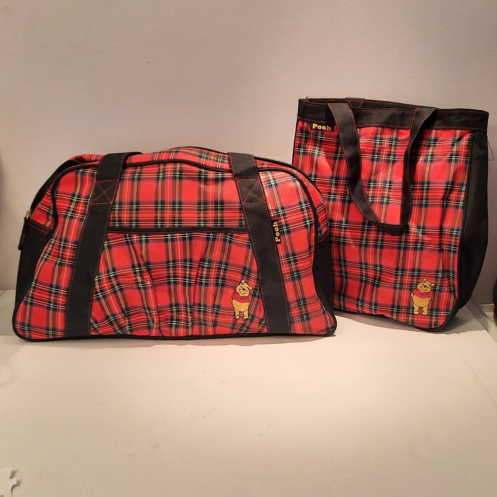 Winnie The Pooh Plaid Red and Black Travel Bag Set
